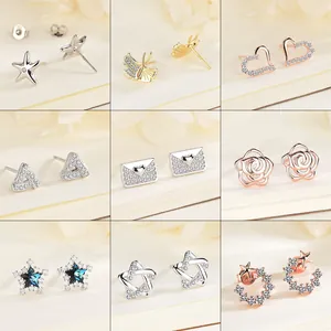 925 Sterling Silver Stud Earrings For Women Minimalist Zircon Heart Star Ginkgo Leaf Inlaid Elegant Fashion Jewelry With 925 Sterling Silver Earring Post