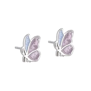 Minimalist S925 silver butterfly stud earrings with blue and purple enamel details
