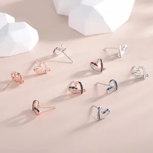 S925 silver hollow heart earrings with sparkling crystals and colorful enamel finish