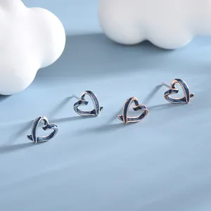 Minimalist S925 silver heart stud earrings with blue enamel in silver and rose gold finish