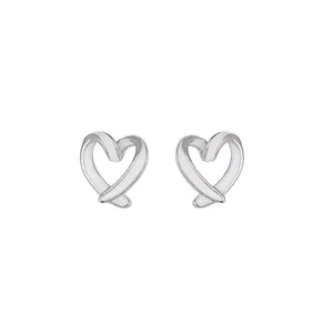 Minimalist S925 sterling silver heart stud earrings with white enamel ribbon design