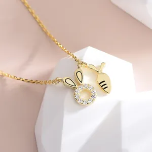 Cute S925 sterling silver rabbit and carrot pendant necklace with sparkling zircons