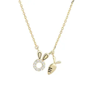 925 Sterling Silver Cute Rabbit Carrot Pendant Necklace Cubic Zirconia Inlaid Gold Silver Jewelry For Women Girls Birthday Gift