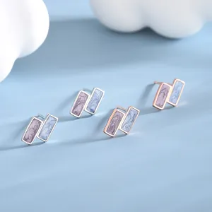 S925 silver square stud earrings with purple and blue marble drip oil design