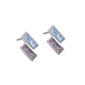 Minimalist S925 silver geometric square earrings in blue and lilac oil drip finish