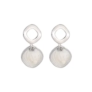 Minimalist sterling silver geometric drop earrings with white textured enamel drip inlay
