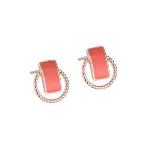 Minimalist S925 silver stud earrings with geometric orange enamel and rose gold frame