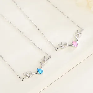 Collier renne en argent S925 avec pendentifs goutte d'eau bleu et rose