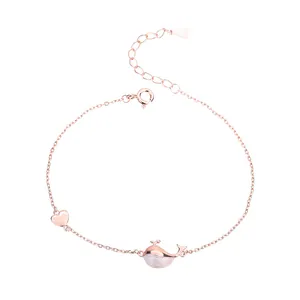 Elegant S925 sterling silver whale and heart bracelet in rose gold for women