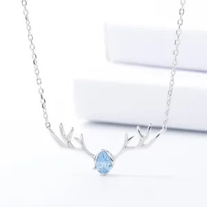 Collier bois de cerf en argent S925 avec pendentif en cristal bleu en forme de goutte