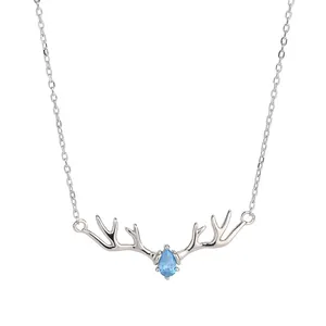 Collier bois de renne en argent s925 avec pendentif en pierre bleue en goutte