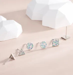 S925 silver geometric stud earrings with checkered enamel patterns and zircon inlays