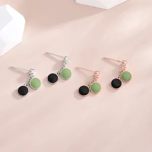 Minimalist S925 silver geometric drop earrings with black and green enamel circles