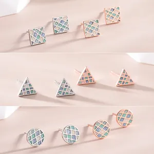 Minimalist S925 silver geometric earrings with colorful enamel grid pattern in three shapes