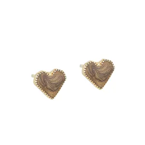 Elegant s925 silver heart stud earrings with gold beaded edges and brown marble texture