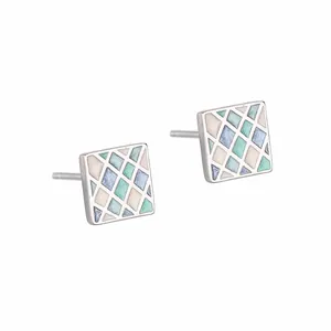 S925 Sterling Silver geometric square stud earrings with pastel checkered enamel patterns