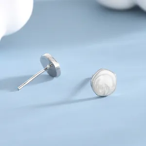 Minimalist S925 sterling silver geometric stud earrings with white marble drip oil texture