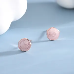 Minimalist S925 geometric rose gold earrings with pink marble enamel inlay