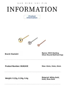 Detailed size and weight specs for S925 sterling silver ball studs in three gold finishes