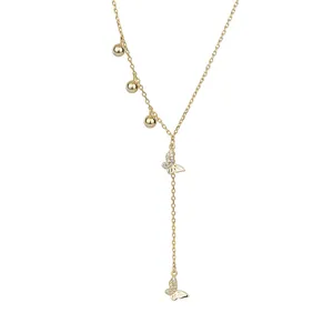 Elegante collar en Y de plata S925 dorada con doble mariposa y circonitas brillantes