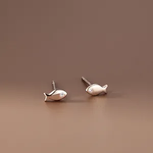 Minimalist 925 sterling silver fish stud earrings in rose gold with small zircon eyes