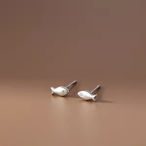Minimalist 925 sterling silver fish stud earrings with sparkling cubic zirconia accents