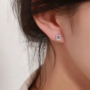 Boucles d'Oreilles Clous en Argent Sterling 925 Forme Rectangle Creux Micro Pavé Zircone Bijoux de Mode Minimalistes pour Femmes