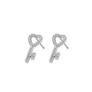 S925 sterling silver heart key stud earrings with pavé sparkling cubic zirconia