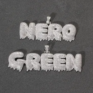 Collier Pendentif Lettre Bulle Hip Hop Iced Out Cuivre Plaqué Or avec Zircone Chaîne de Corde en Acier Inoxydable pour Hommes Femmes Bijoux