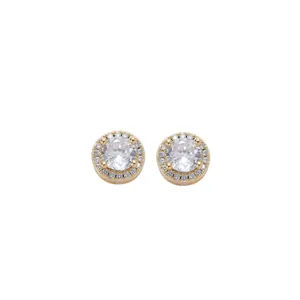 Classic gold hip hop halo stud earrings with round cubic zirconia and micro-pave setting