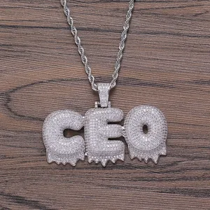 Pendentif CEO hip-hop lettres bulles avec zircons blancs et chaîne torsadée argentée