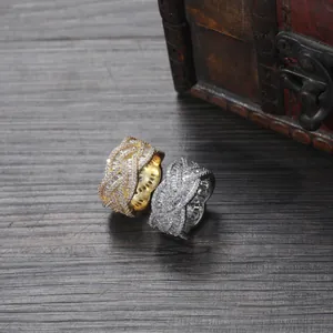 Iced Out Geweven Gevlochten Cubaanse Ring Voor Mannen Vrouwen Koper AAA Zirkonia Hip Hop Punk Brede Band Statement Sieraden Verguld Verzilverd