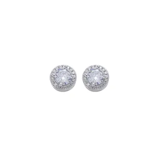 Macro detail of silver halo stud earring with clear zircon and micro-pave setting