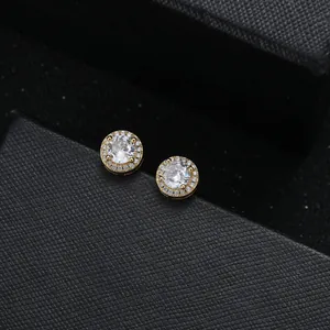 Hiphop gold-plated round halo earrings with sparkling cubic zirconia for men and women