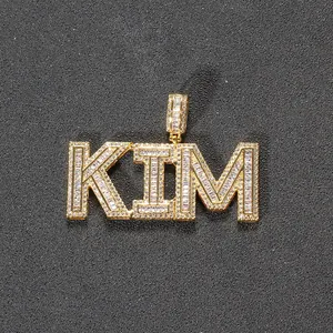 Custom gold plated letter KIM pendant with baguette and round cut cubic zirconia stones