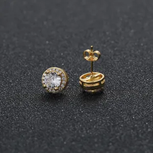 Hiphop style gold halo stud earrings with round cubic zirconia and micro-pave stones