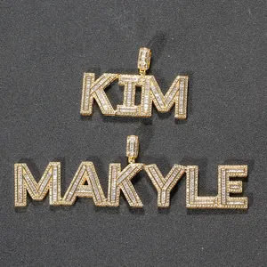 Detailed view of custom gold plated hip hop pendant with sparkling paved zircon stones