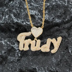 Collier Hip Hop Chaîne Corde En Acier Inoxydable Pendentif Cœur Lettre Initiale Cuivre Zircone Plaqué Or Argent Rose