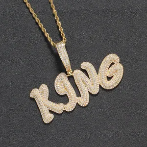 Iced out gold plated KING letter pendant necklace with rope chain for hip hop style