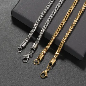 Detail of 3mm stainless steel wheat chains in gold and silver with lobster clasps