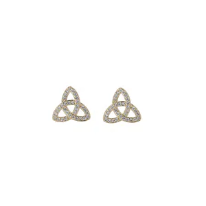 Elegant gold triquetra stud earrings with sparkling pavé zircons in minimalist design