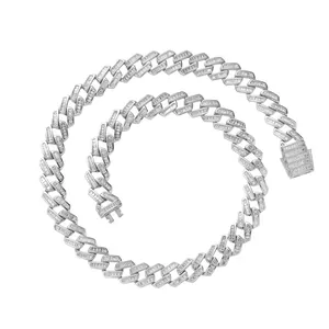 Silberne 12mm Cuban Link Kette mit Baguette-Steinen und sicherem Federverschluss