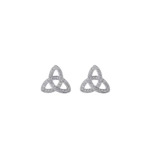 Detailed view of silver Celtic Trinity Knot earrings paved with sparkling cubic zirconia