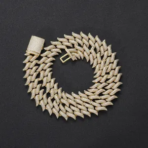 Detailed view of 18mm gold iced out Cuban chain with flame thorns and sparkling zircons