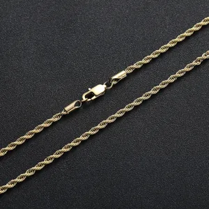 Macro shot of 14K gold-plated 3mm rope chain necklace featuring a classic lobster clasp