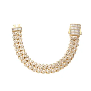 17mm gold hip-hop Cuban link bracelet featuring rectangular zircon stones on white background