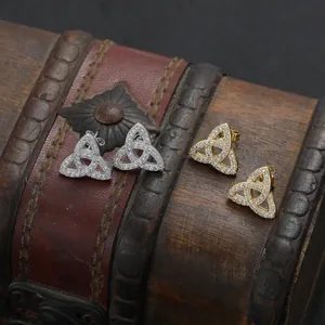 Hip Hop Geometric Trinity Knot Stud Earrings Gold Plated Copper Micro Pave Zirconia Celtic Knot Jewelry For Men Women