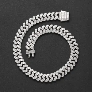 Detail of 17mm silver Cuban link chain with baguette-cut zircons and box clasp