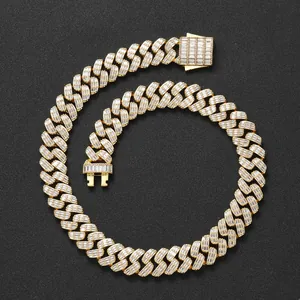 Close-up of 17mm gold Cuban link bracelet with square-cut white zircon pavé setting