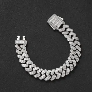 17mm silver Cuban link bracelet with baguette-cut stones and a spring clasp closure